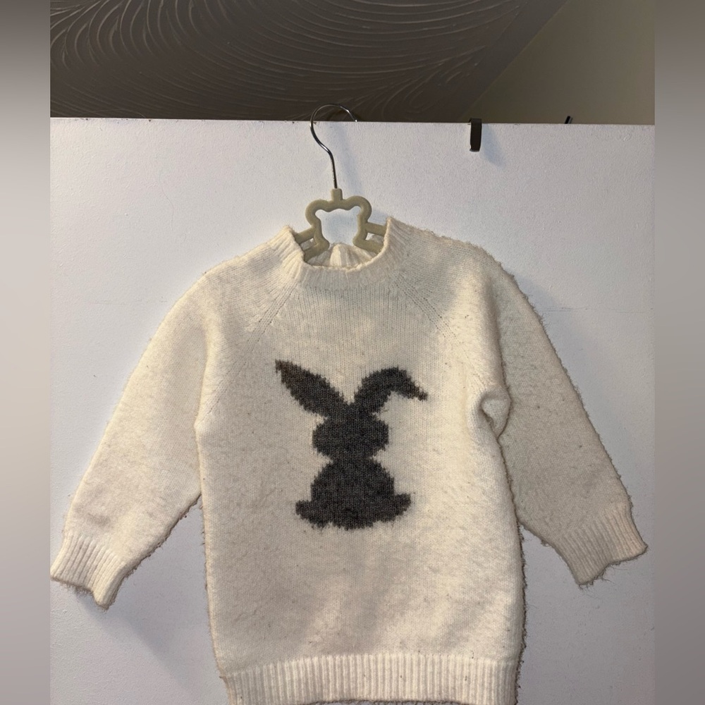 Cozy White Knit Easter Sweater with Grey Bunny Baby Toddler